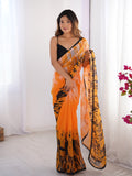 Orange & Black Printed Chiffon Saree With Blouse Piece
