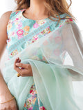 Turquoise Blue Floral Printed Embellished Organza Saree With Blouse Piece