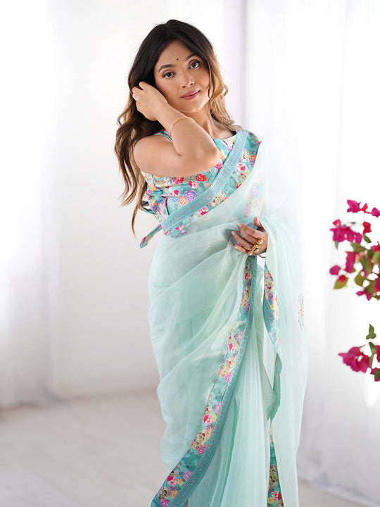 Turquoise Blue Floral Printed Embellished Organza Saree With Blouse Piece