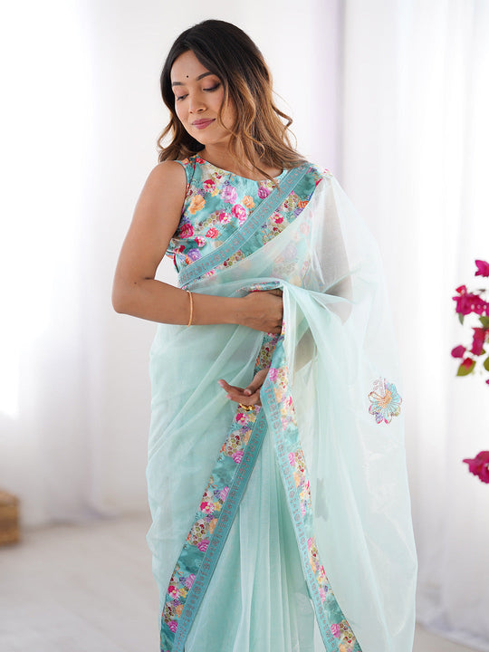 Turquoise Blue Floral Printed Embellished Organza Saree With Blouse Piece