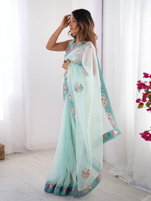 Turquoise Blue Floral Printed Embellished Organza Saree With Blouse Piece