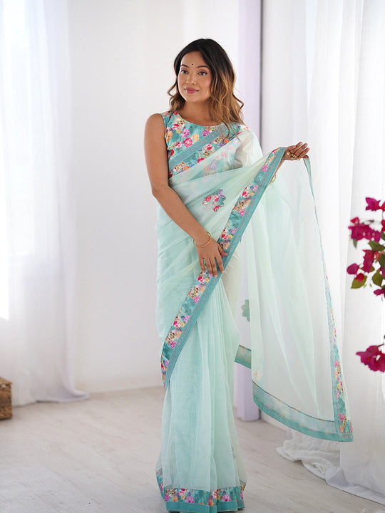 Turquoise Blue Floral Printed Embellished Organza Saree With Blouse Piece
