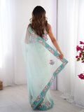 Turquoise Blue Floral Printed Embellished Organza Saree With Blouse Piece