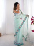 Turquoise Blue Floral Printed Embellished Organza Saree With Blouse Piece