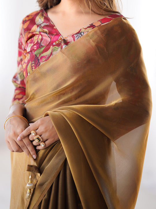 Brown Solid Chiffon Saree With Floral Printed Blouse Piece
