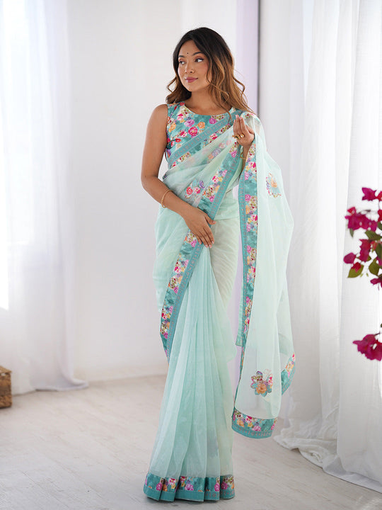Turquoise Blue Floral Printed Embellished Organza Saree With Blouse Piece