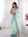 Turquoise Blue Floral Printed Embellished Organza Saree With Blouse Piece