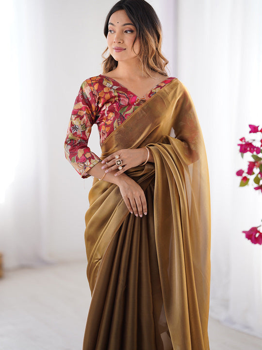 Brown Solid Chiffon Saree With Floral Printed Blouse Piece