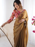 Brown Solid Chiffon Saree With Floral Printed Blouse Piece