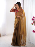 Brown Solid Chiffon Saree With Floral Printed Blouse Piece