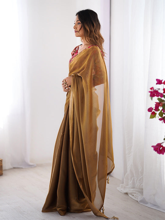 Brown Solid Chiffon Saree With Floral Printed Blouse Piece