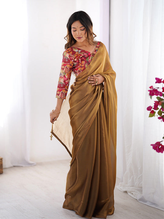 Brown Solid Chiffon Saree With Floral Printed Blouse Piece