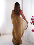 Brown Solid Chiffon Saree With Floral Printed Blouse Piece
