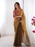 Brown Solid Chiffon Saree With Floral Printed Blouse Piece