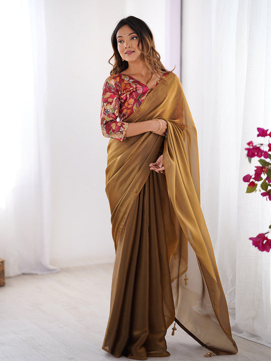 Brown Solid Chiffon Saree With Floral Printed Blouse Piece