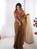 Brown Solid Chiffon Saree With Floral Printed Blouse Piece