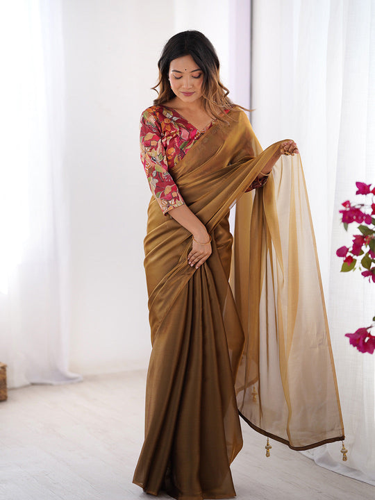 Brown Solid Chiffon Saree With Floral Printed Blouse Piece