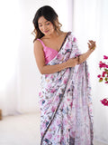 Multicolor Floral Printed Chiffon Saree With Blouse Piece