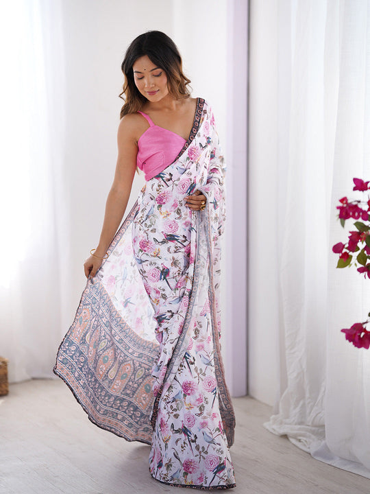 Multicolor Floral Printed Chiffon Saree With Blouse Piece
