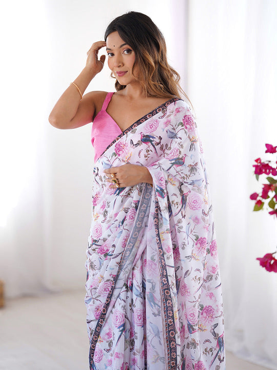 Multicolor Floral Printed Chiffon Saree With Blouse Piece