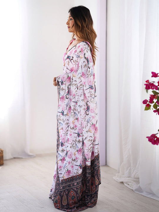 Multicolor Floral Printed Chiffon Saree With Blouse Piece