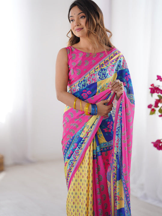 Multicolor Printed Chiffon Saree With Blouse Piece