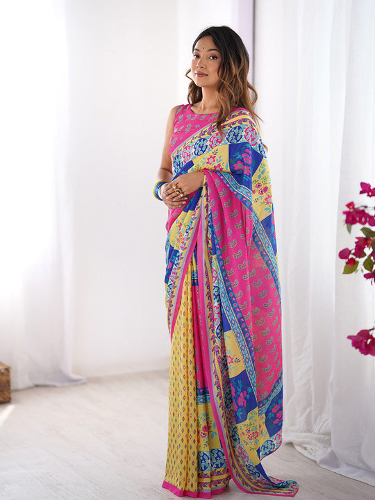 Multicolor Printed Chiffon Saree With Blouse Piece