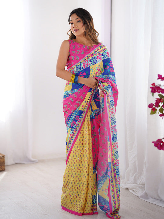 Multicolor Printed Chiffon Saree With Blouse Piece