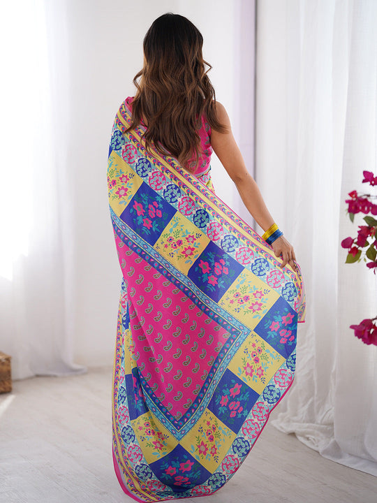 Multicolor Printed Chiffon Saree With Blouse Piece