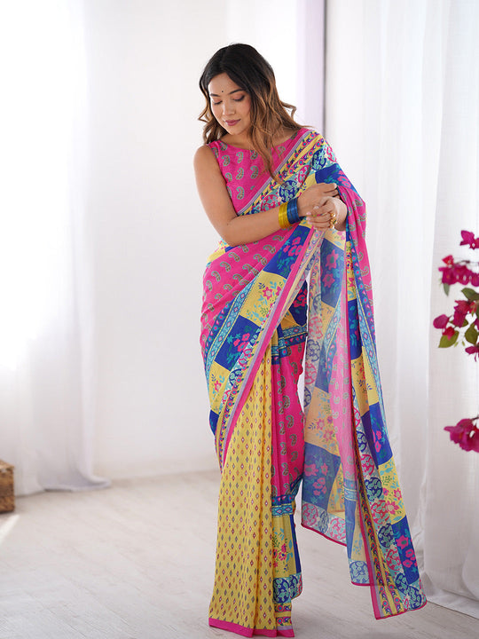 Multicolor Printed Chiffon Saree With Blouse Piece
