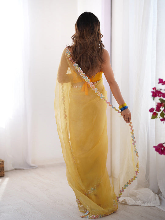 Yellow Embellished Sequinned Organza Saree With Blouse Piece