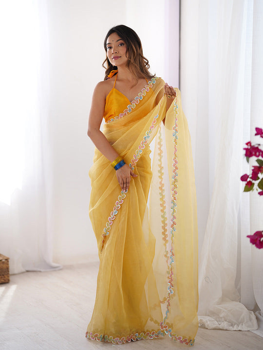 Yellow Embellished Sequinned Organza Saree With Blouse Piece