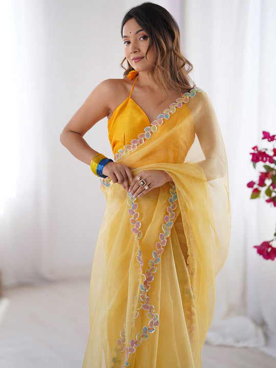 Yellow Embellished Sequinned Organza Saree With Blouse Piece