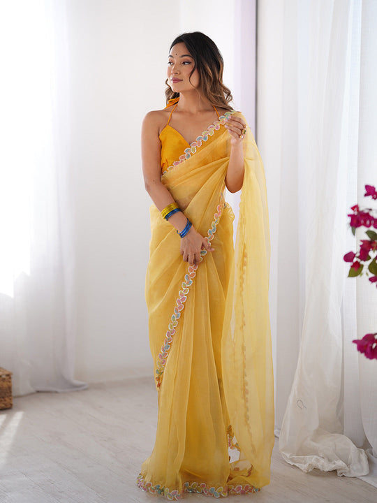 Yellow Embellished Sequinned Organza Saree With Blouse Piece