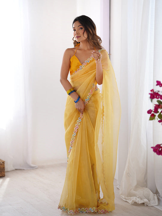 Yellow Embellished Sequinned Organza Saree With Blouse Piece