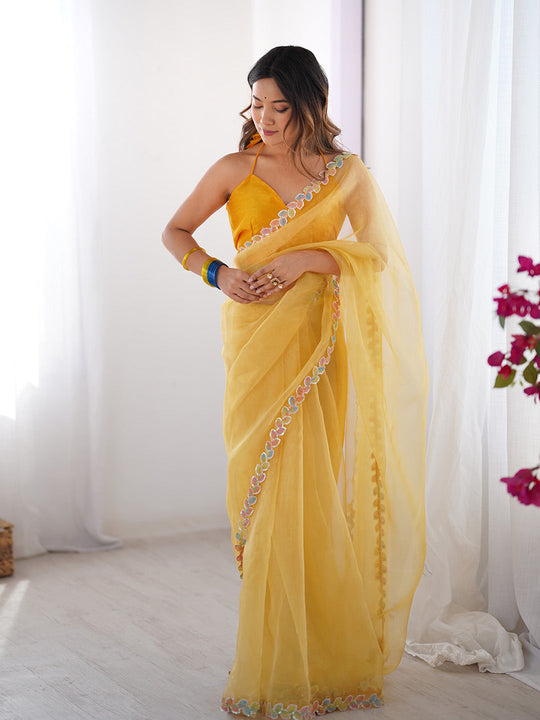 Yellow Embellished Sequinned Organza Saree With Blouse Piece