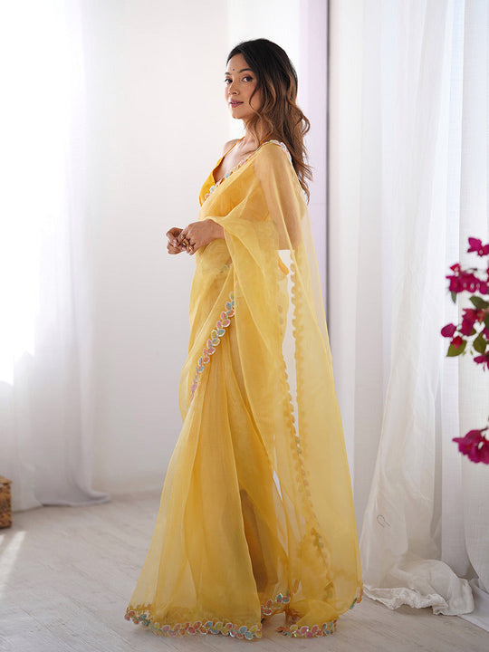 Yellow Embellished Sequinned Organza Saree With Blouse Piece