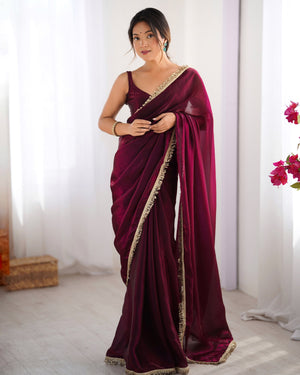 Wine Embellished Sequinned Lace Satin Saree