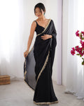 Black Embellished Sequinned Lace Satin Saree