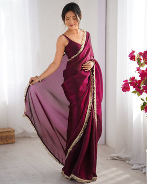 Wine Embellished Sequinned Lace Satin Saree