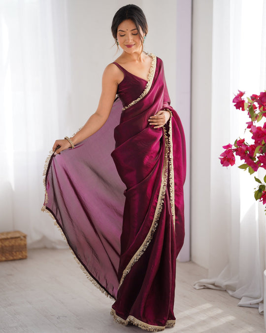 Wine Embellished Sequinned Lace Satin Saree
