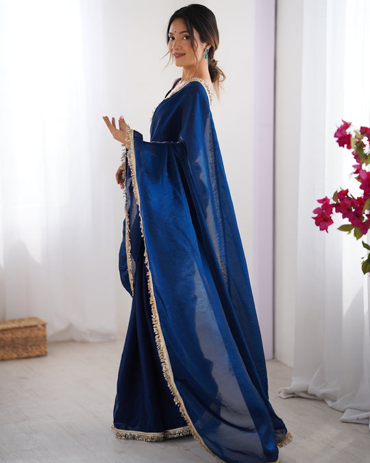 Teal Embellished Sequinned Lace Satin Saree