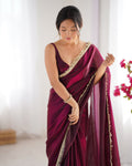Wine Embellished Sequinned Lace Satin Saree