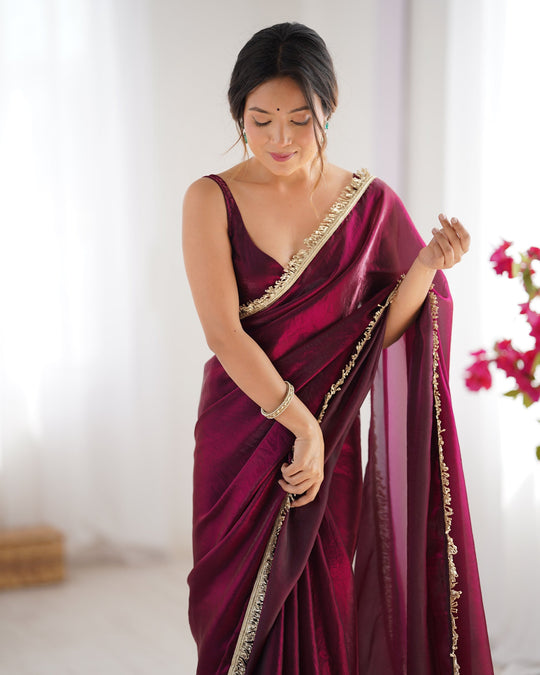 Wine Embellished Sequinned Lace Satin Saree