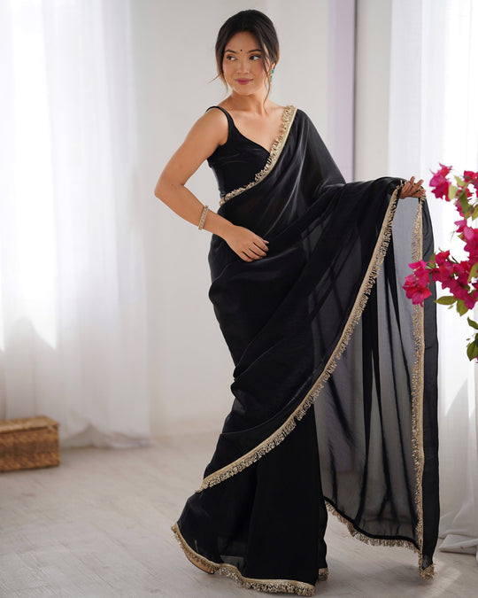 Black Embellished Sequinned Lace Satin Saree