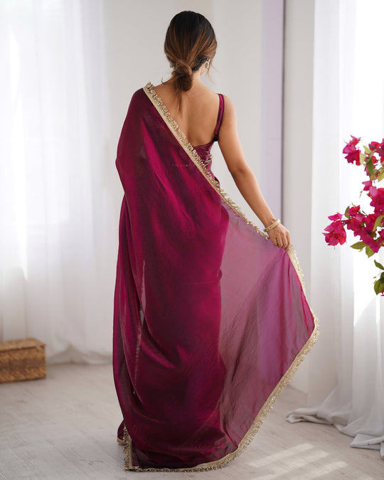 Wine Embellished Sequinned Lace Satin Saree
