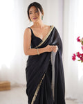 Black Embellished Sequinned Lace Satin Saree