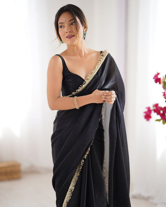 Black Embellished Sequinned Lace Satin Saree