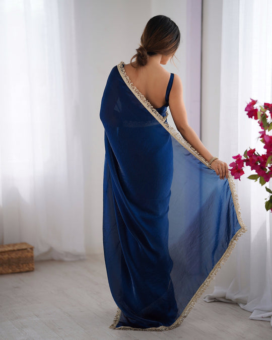 Teal Embellished Sequinned Lace Satin Saree