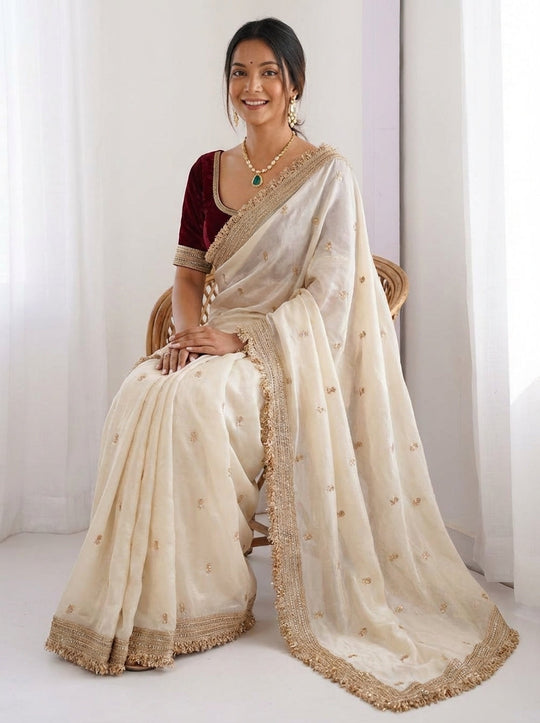 embellished embroidered zari satin saree